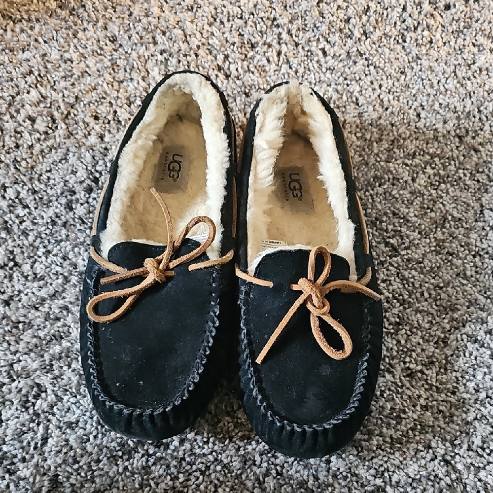 UGG Black Suede Moccasins with Tan Laces